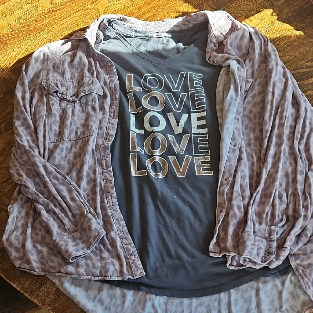 Maurices Patternee Button Down With Charcoal Grey LOVE Tee